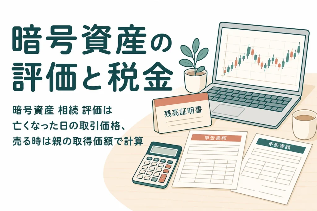 暗号資産を相続した時の評価額と売却時の税金の計算例を解説する記事のアイキャッチ