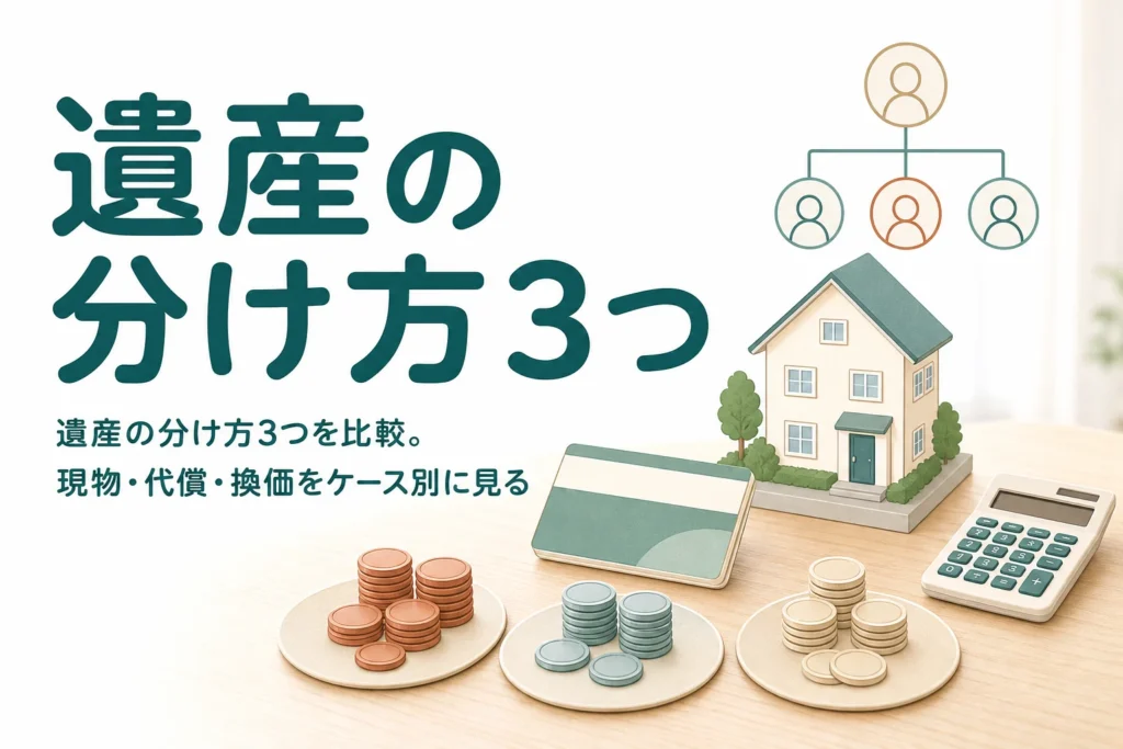 遺産の分け方である現物分割・代償分割・換価分割の3つを、預金中心・実家に住む子がいる・誰も住まない実家のケース別に比べる記事のアイキャッチ