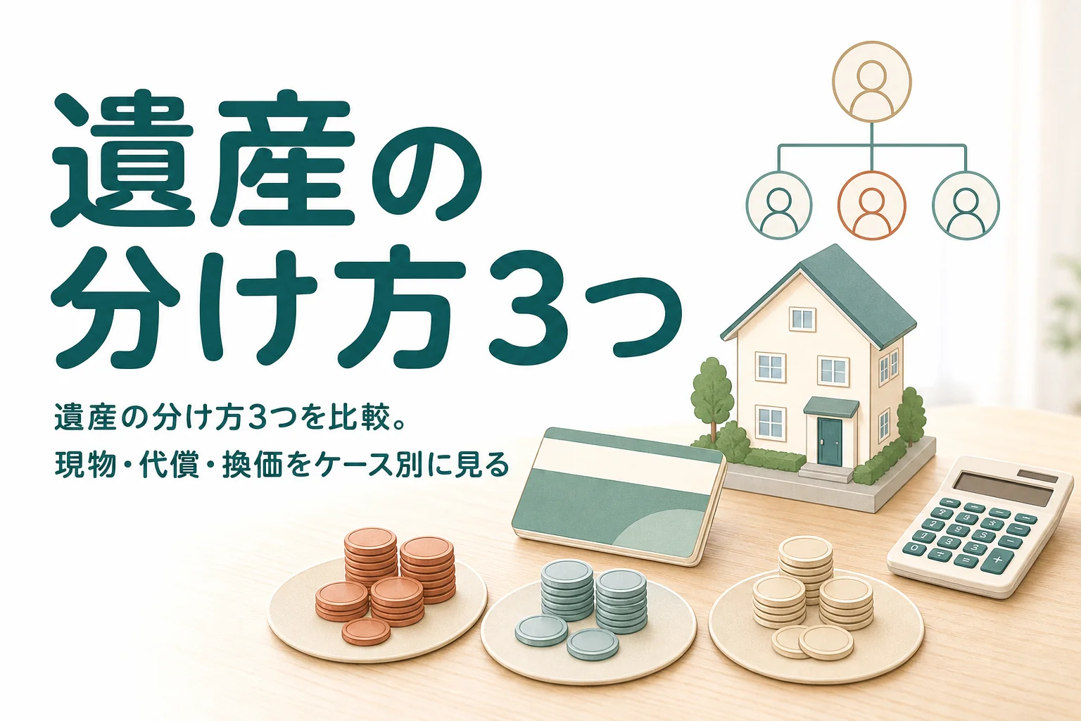 遺産の分け方である現物分割・代償分割・換価分割の3つを、預金中心・実家に住む子がいる・誰も住まない実家のケース別に比べる記事のアイキャッチ