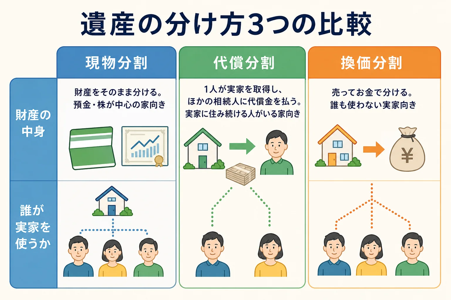現物分割・代償分割・換価分割の3つの分け方で、財産がどう動き、誰に何が渡るかを並べた比較図