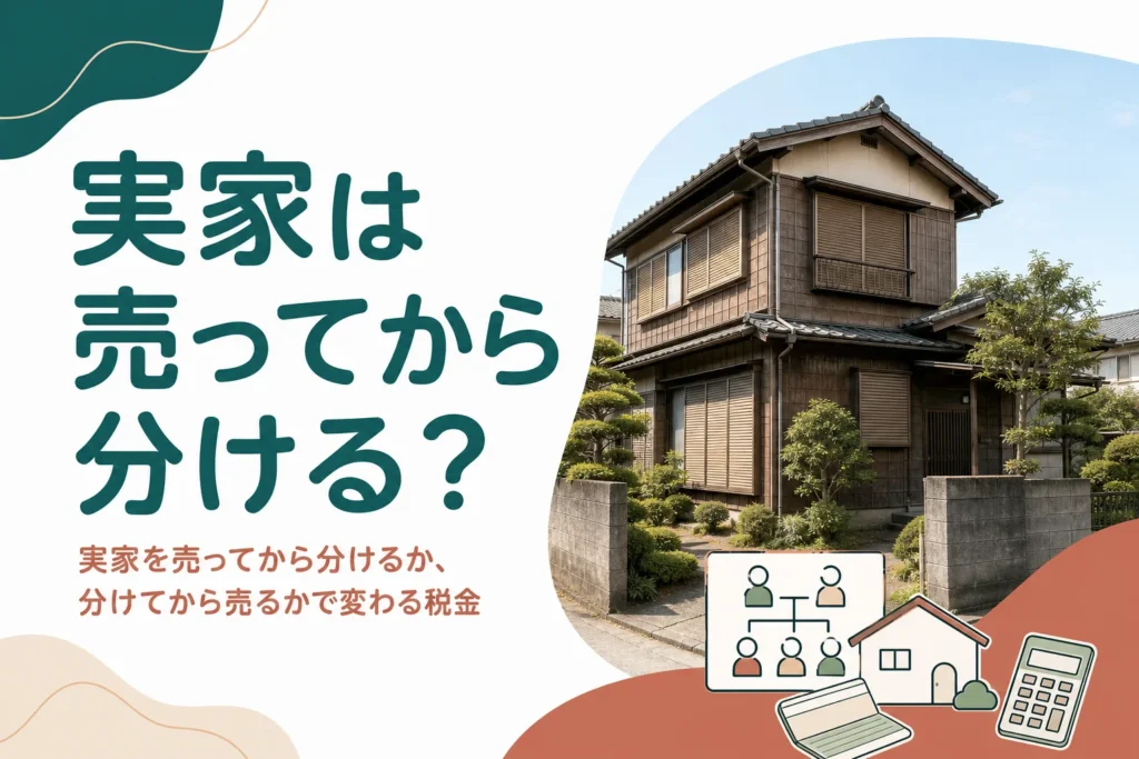 相続した実家を売ってから分けるか、分けてから売るかで税金がどう変わるかを兄弟3人の例で比べる記事のアイキャッチ
