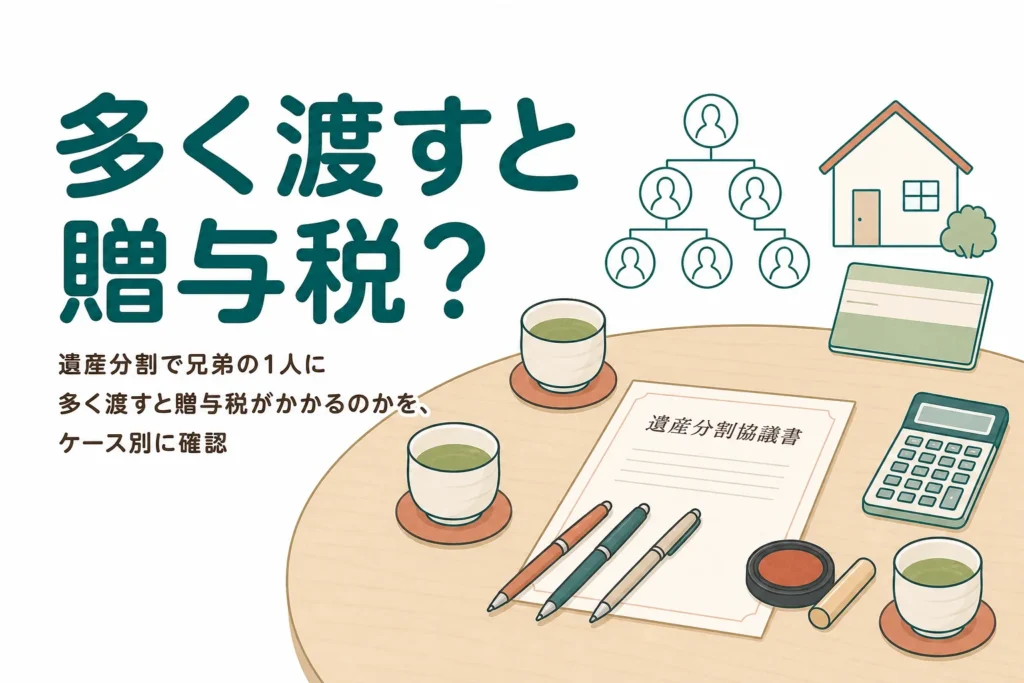 遺産分割で兄弟の1人に多く渡した時に贈与税がかかるかを、ケース別に確かめる記事のアイキャッチ