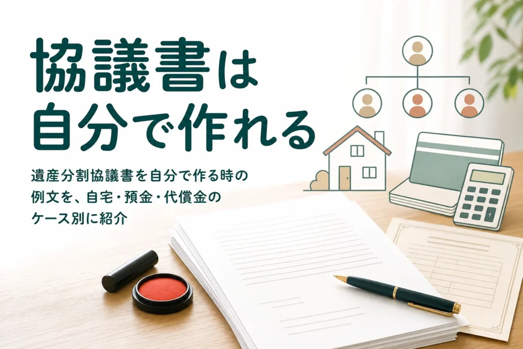 遺産分割協議書を自分で作る時の例文を、妻が自宅を相続する・長男が1人で相続する・代償金を払うなどのケース別に紹介する記事のアイキャッチ