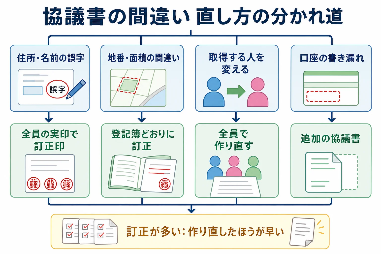 間違いの種類によって訂正印で直すか作り直すかが分かれる、ケース別の分岐表