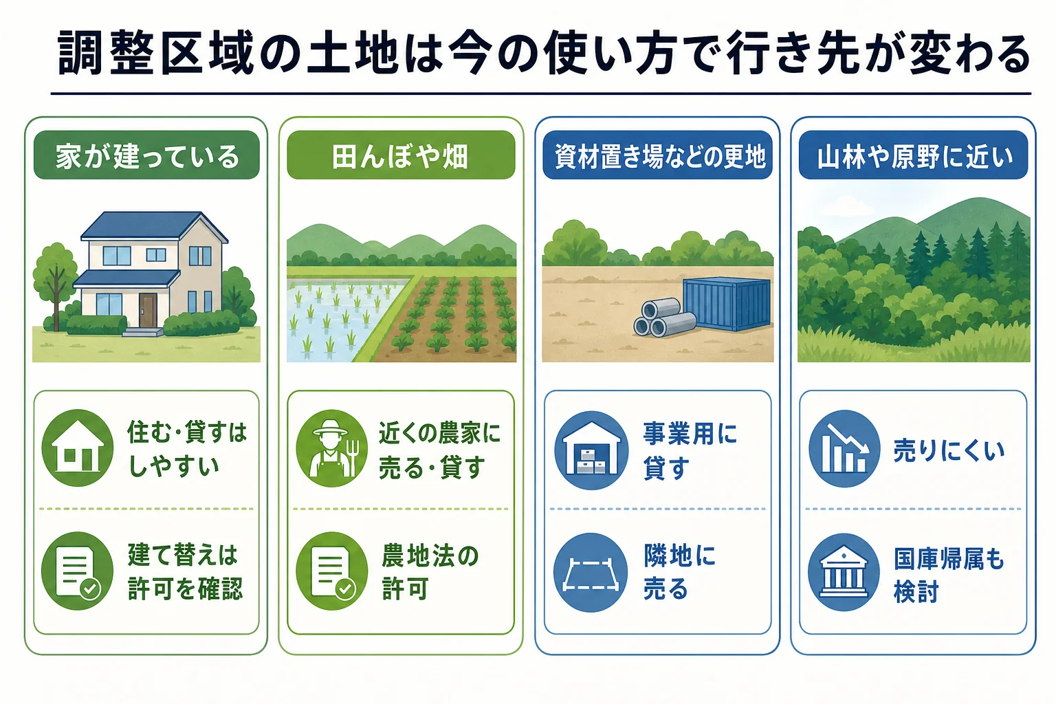 調整区域の土地が、家あり・田畑・更地・山林のどれかで使い道と売りやすさが変わることを示したケース別の分岐表