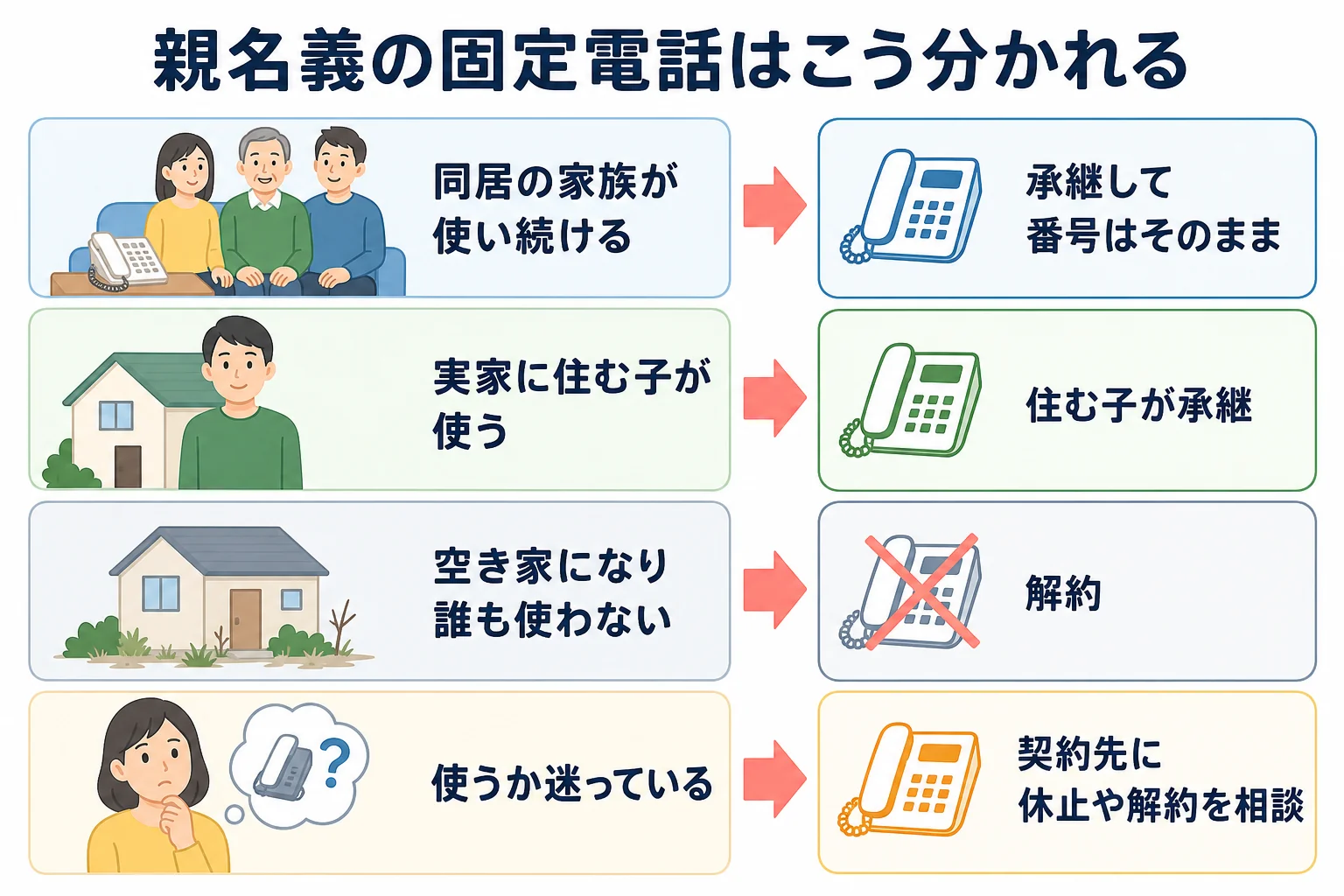 家族が使うか、誰も使わないかで固定電話の加入権の行き先が分かれる分岐表