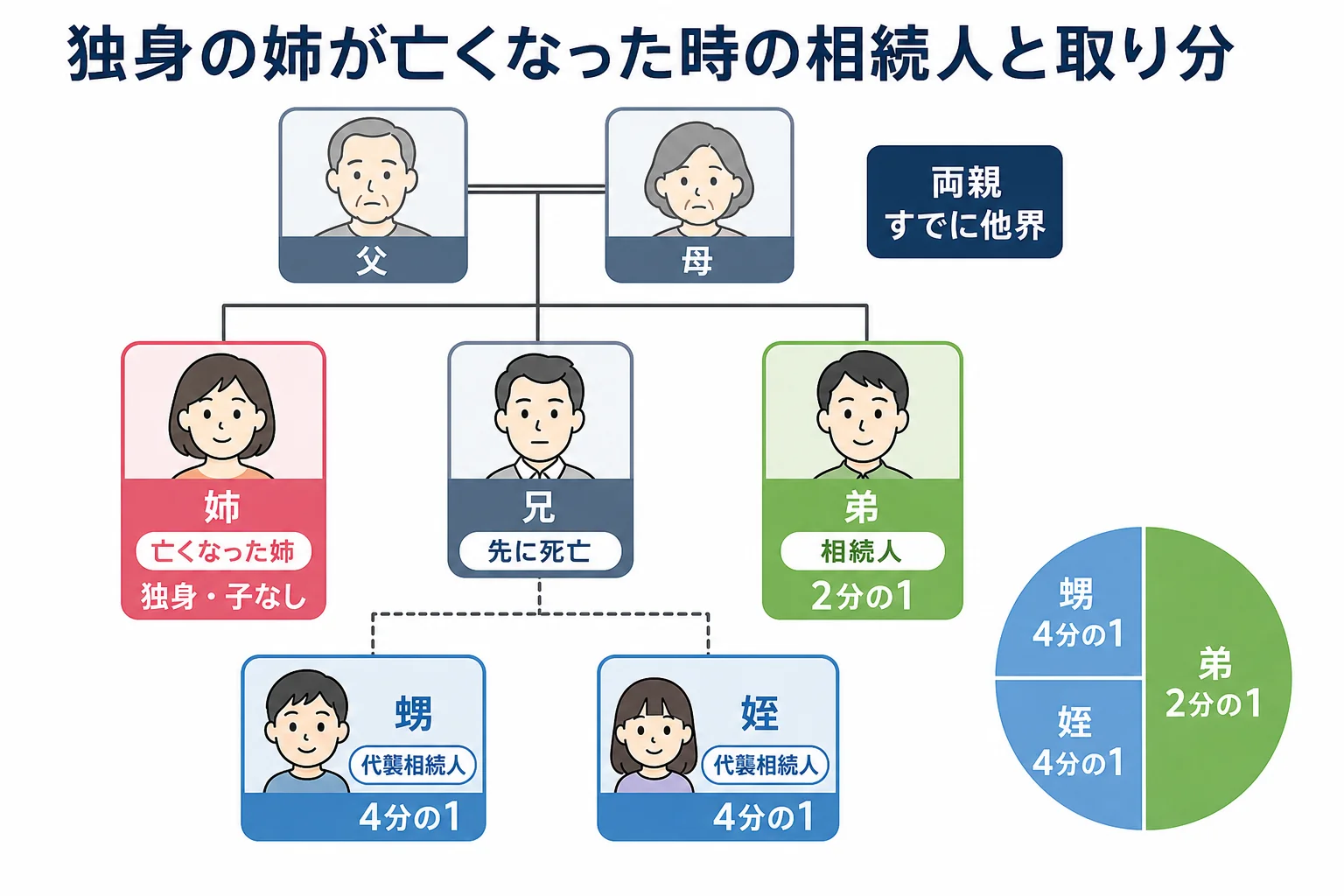 独身の姉が亡くなった時の家系図で、弟・亡くなった兄の子(甥・姪)が相続人になり取り分が弟2分の1、甥姪4分の1ずつになることを示した図
