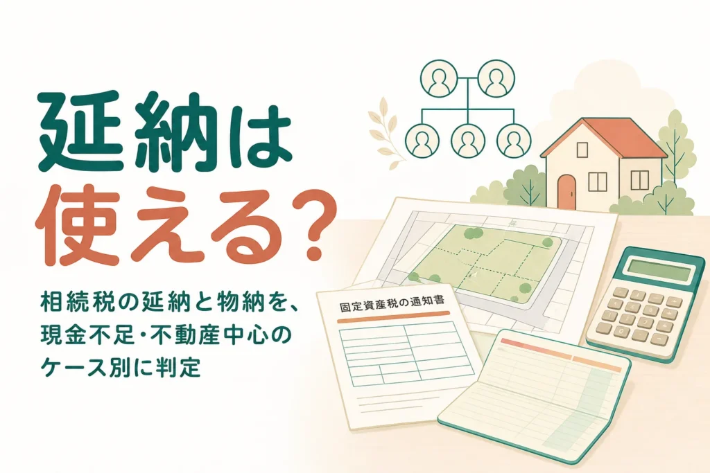 相続税の延納と物納が使えるかを、現金不足や不動産中心のケース別に判定する記事のアイキャッチ
