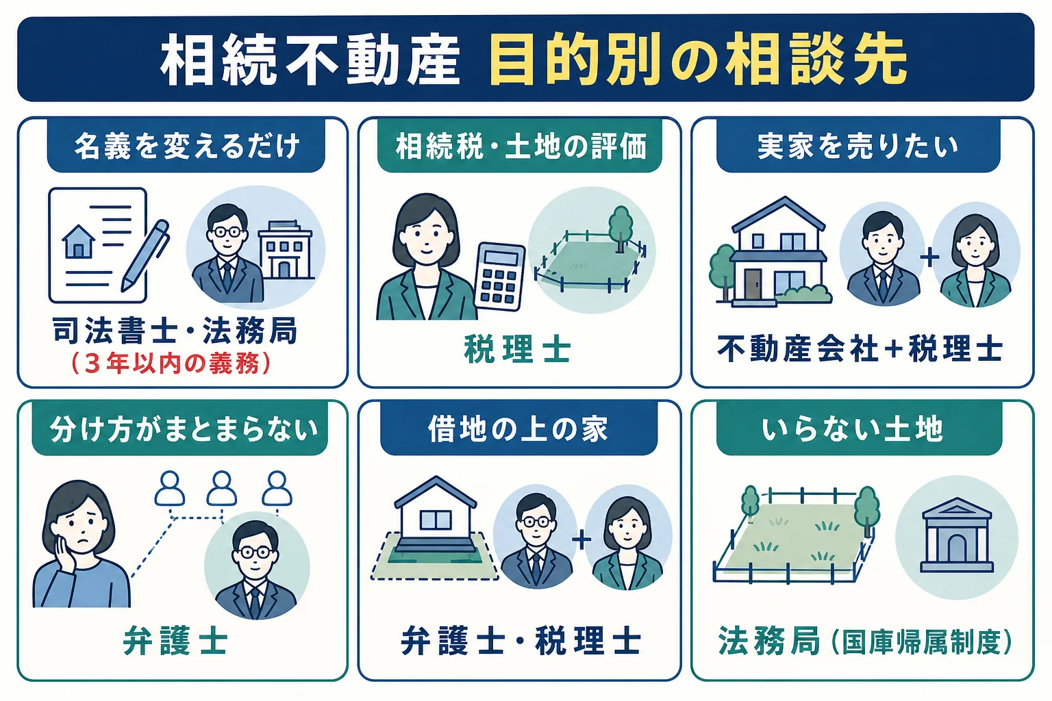 相続した不動産を登記する・売る・分ける・手放すケースごとに相談先を分けた分岐表