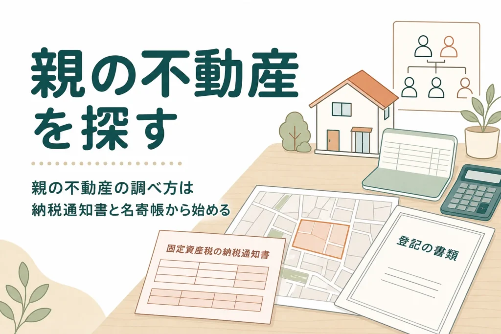 親が持っていた不動産を納税通知書・名寄帳・所有不動産記録証明書で探す方法を解説する記事のアイキャッチ