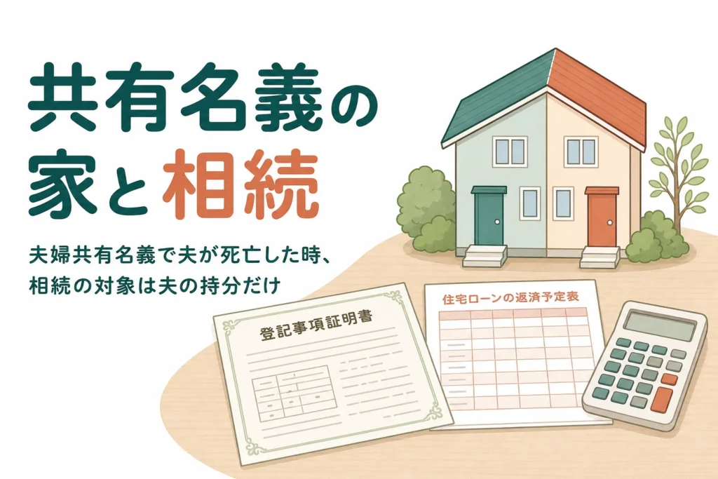夫婦共有名義の家で夫が亡くなった時の持分の行方と住宅ローンの扱いを解説する記事のアイキャッチ