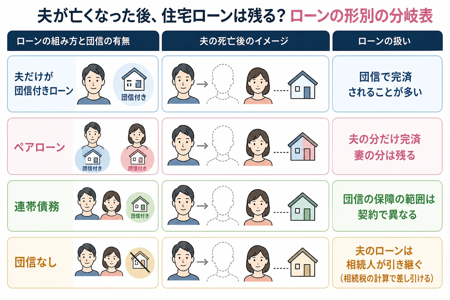 夫が亡くなった時のローンの残り方を、団信付き単独ローン・ペアローン・連帯債務・団信なしで比べた分岐表