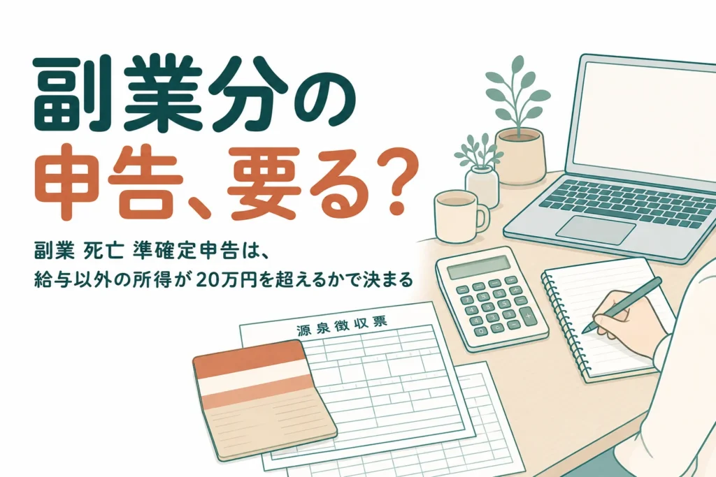 「副業収入があった会社員が亡くなった時の準確定申告の注意点」を、副業の所得の大きさのケースの違いで解説する記事のアイキャッチ
