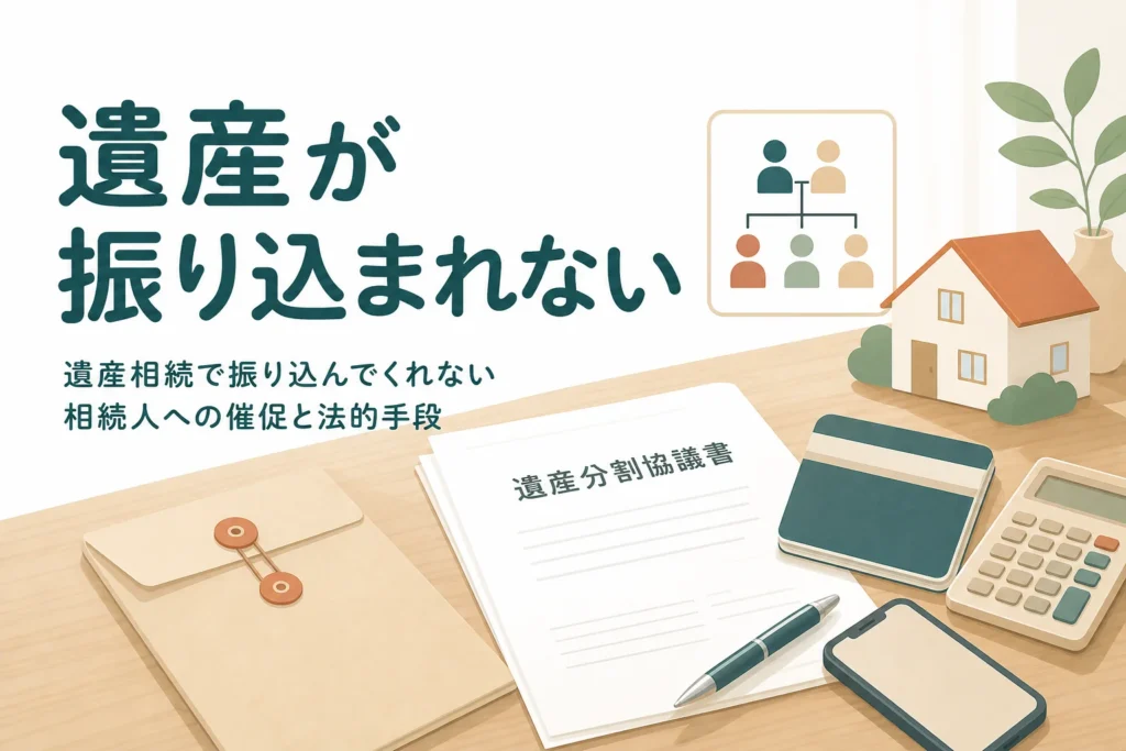遺産相続で取り分を振り込んでくれない相続人がいる時に、催促の順番と法的手段をケース別に解説する記事のアイキャッチ