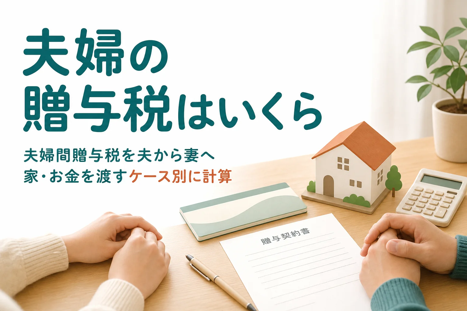 夫婦間贈与税を夫から妻へ家・お金を渡すケース別に計算する記事のアイキャッチ