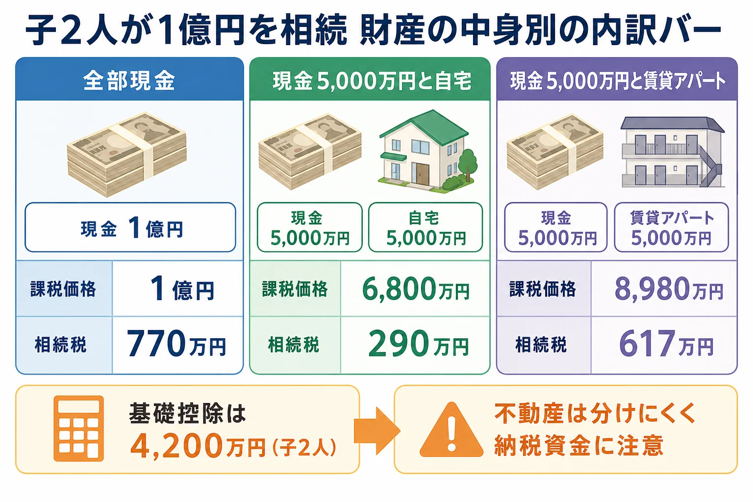 現金のみ・現金と自宅・現金とアパートの3ケースで課税価格と相続税が変わる様子を示した財産の内訳バー