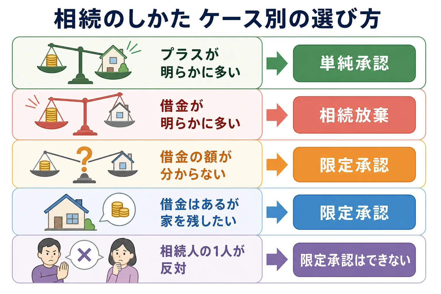 借金とプラスの財産の分かり方によって単純承認・相続放棄・限定承認のどれが向くかを示したケース別の分岐表