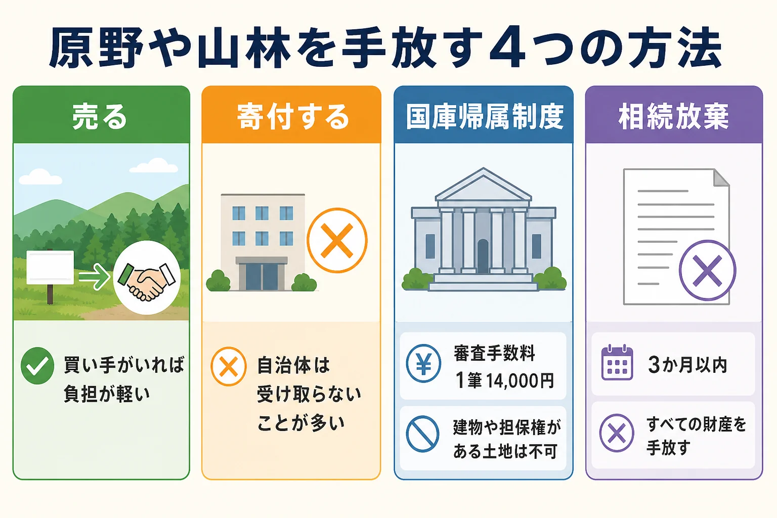 原野や山林を手放す4つの方法を、費用と条件で比べたケース別の比較表