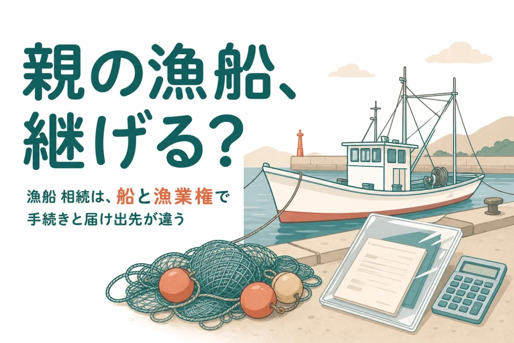 「漁業をしていた親の漁船や漁業権は相続できる？手続きの流れ」を、ケースごとの違いで解説する記事のアイキャッチ