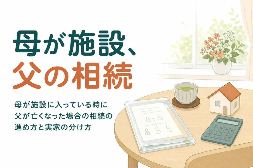 母が施設に入っている中で父が亡くなったケースの相続を、母の判断の可否と実家の取得者別に紹介する記事のアイキャッチ