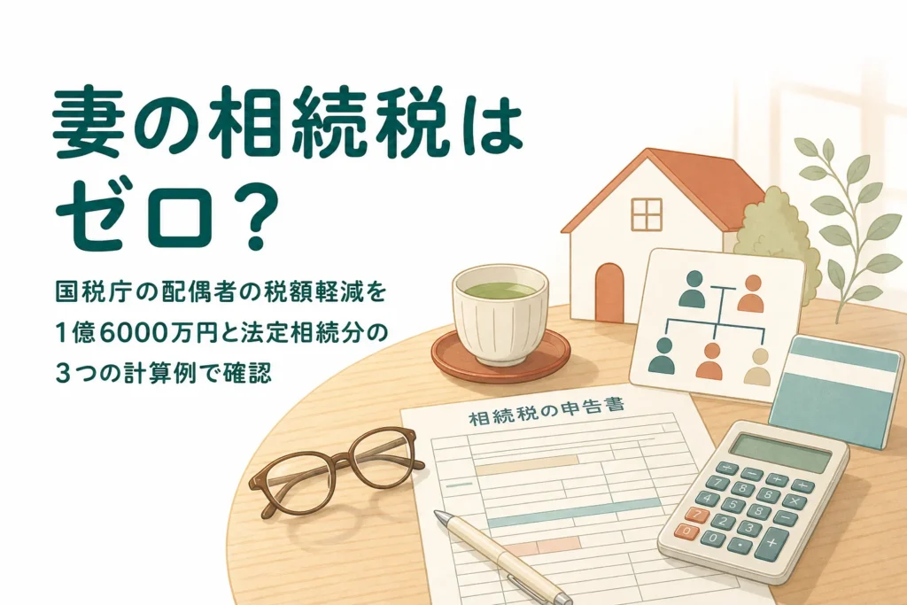 配偶者の税額軽減で妻の相続税がどこまでゼロになるかを3つの計算例で確認する記事のアイキャッチ