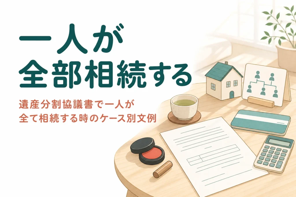 遺産分割協議書で一人が全て相続する時の文例を母が全部・長男が全部のケース別に解説する記事のアイキャッチ