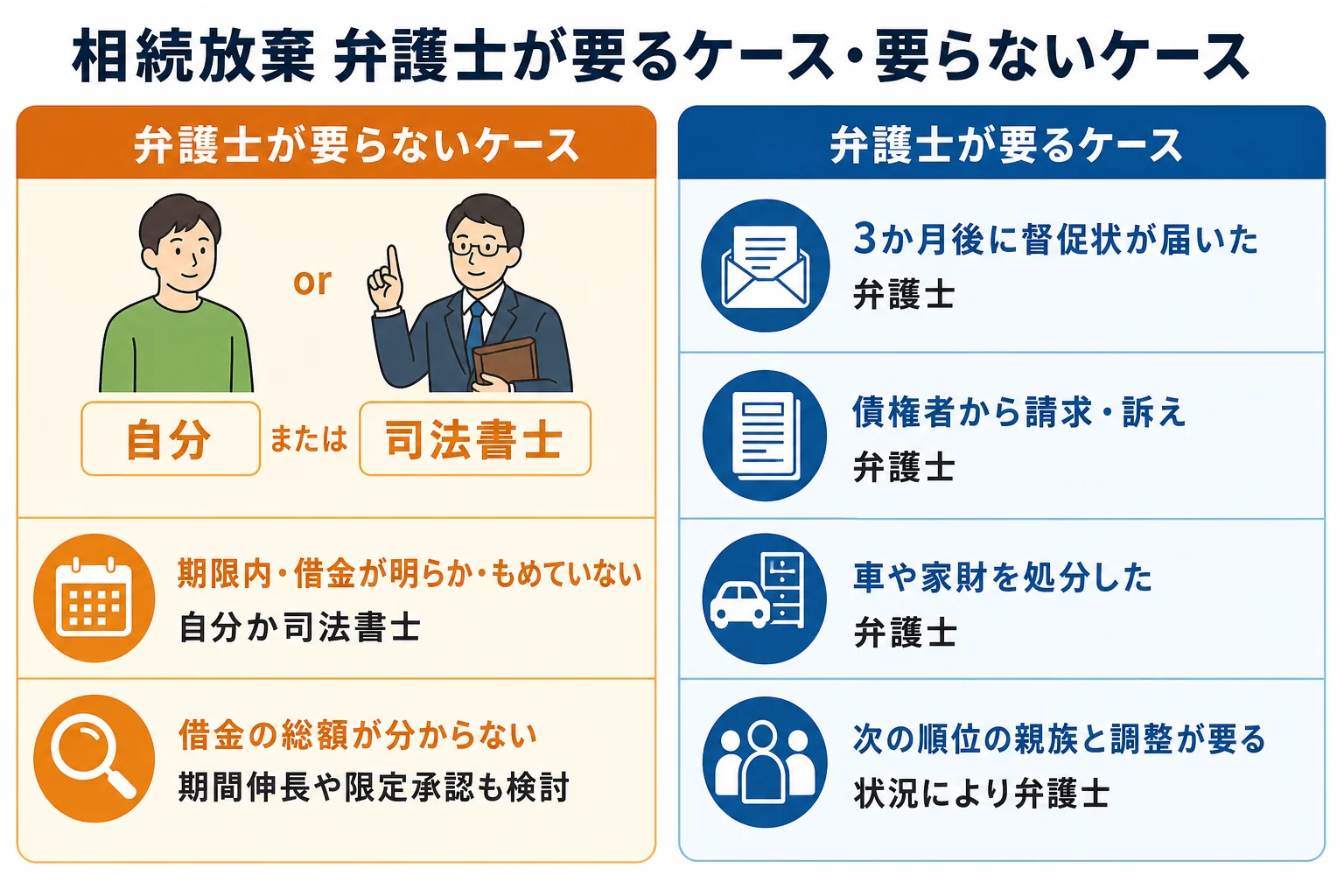 相続放棄の状況ごとに弁護士が必要かどうかを分けたケース別の分岐表