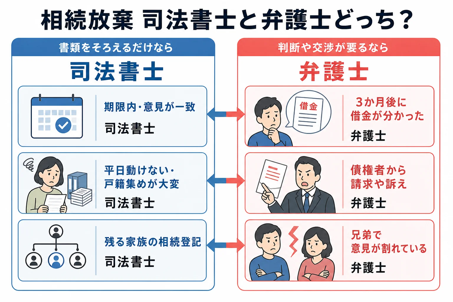 相続放棄の状況ごとに司法書士と弁護士のどちらが向いているかを比べたケース別の分岐表