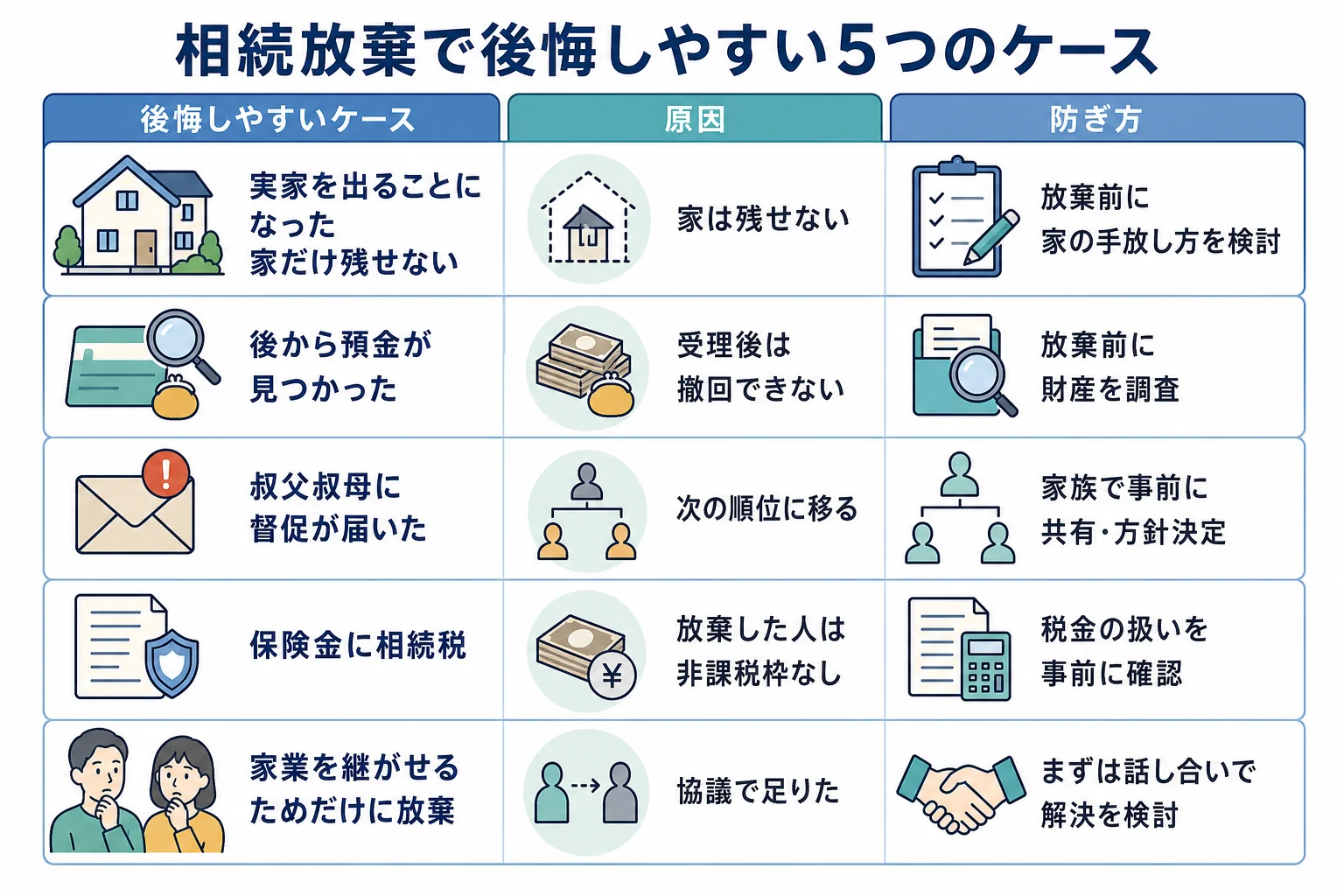 相続放棄で後悔しやすい5つのケースと、その原因と防ぎ方を並べたケース別の表の図