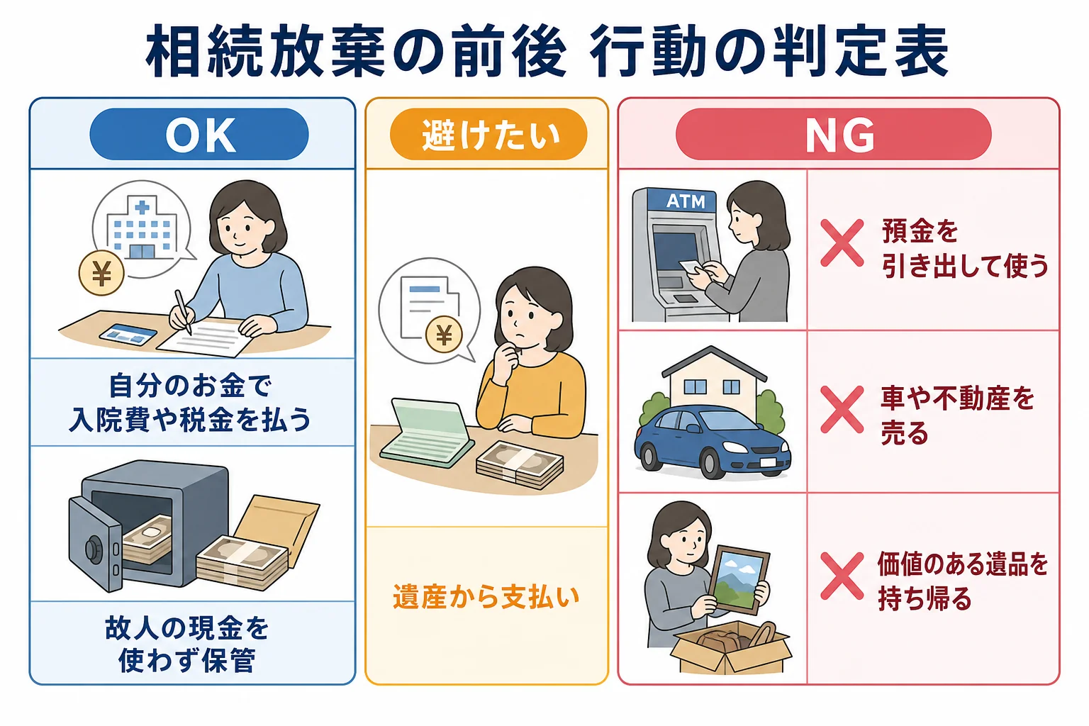 相続放棄の前後の行動を、OK・避けたい・NGの3段階で分けたケース別の判定表