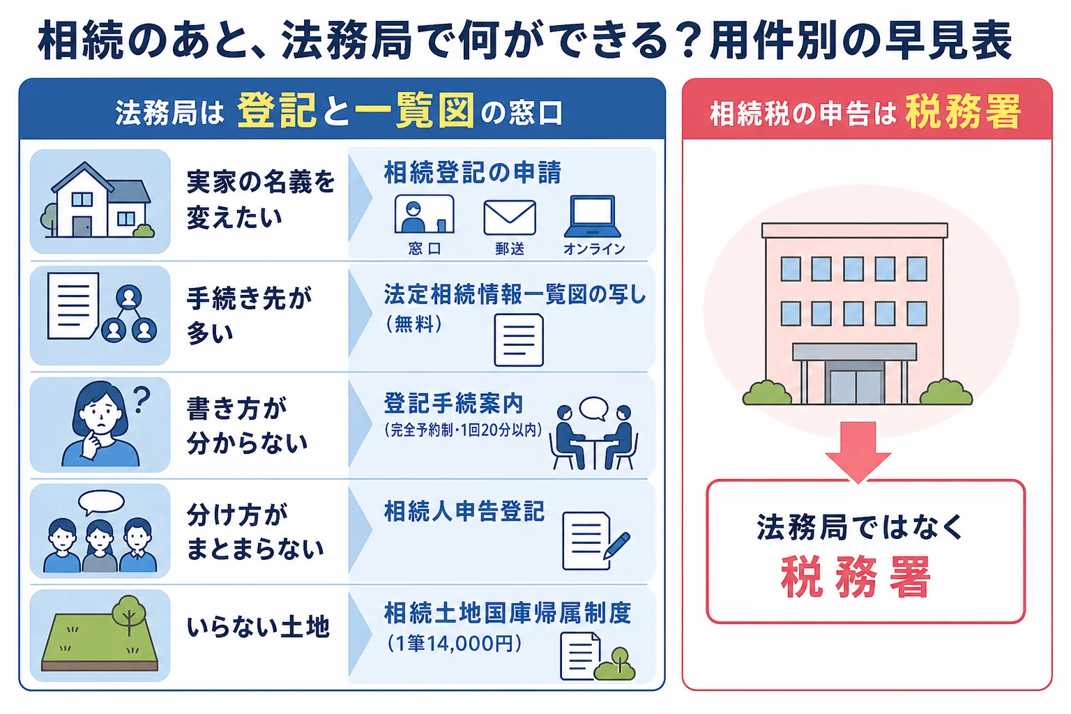 相続の用件ごとに、法務局でできることと窓口の違いを分けた表