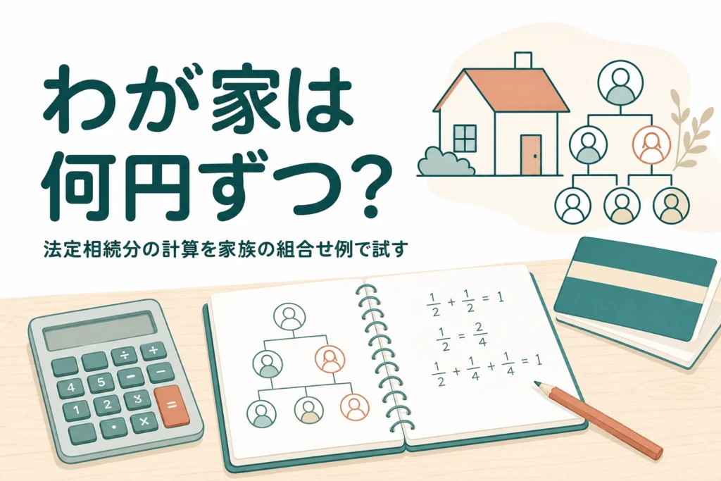 法定相続分の計算を、配偶者と子・親・兄弟の組み合わせ例で実際に解いてみる記事のアイキャッチ