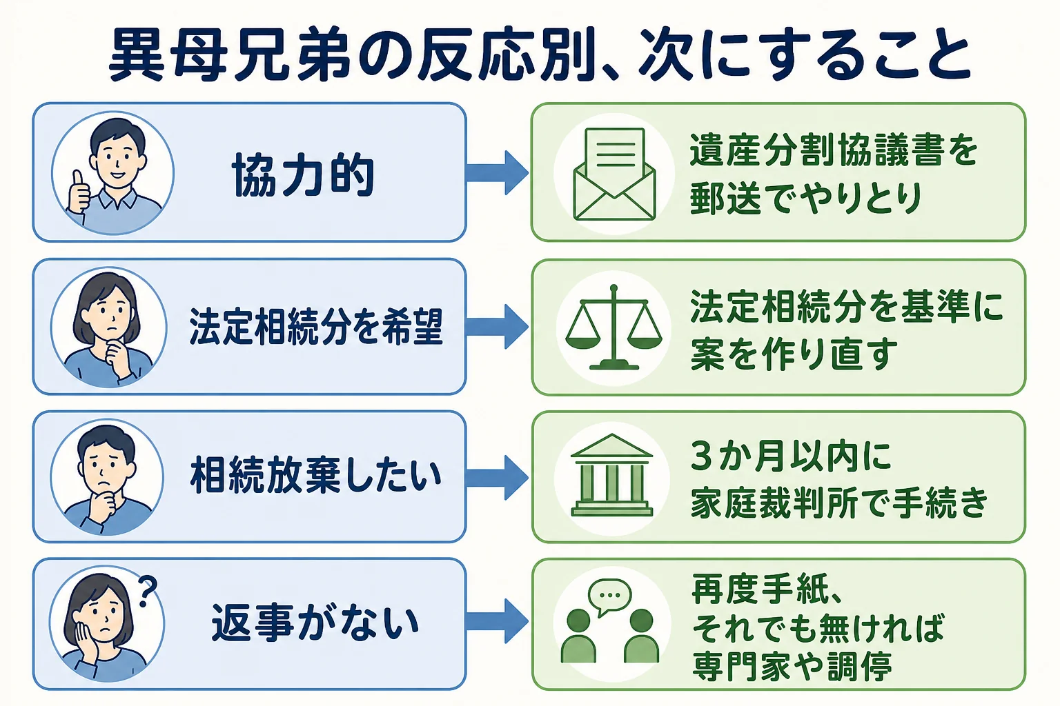 異母兄弟の反応が協力的・法定相続分を希望・相続放棄・返事なしの4つの場合に、次にすることを並べた分岐表