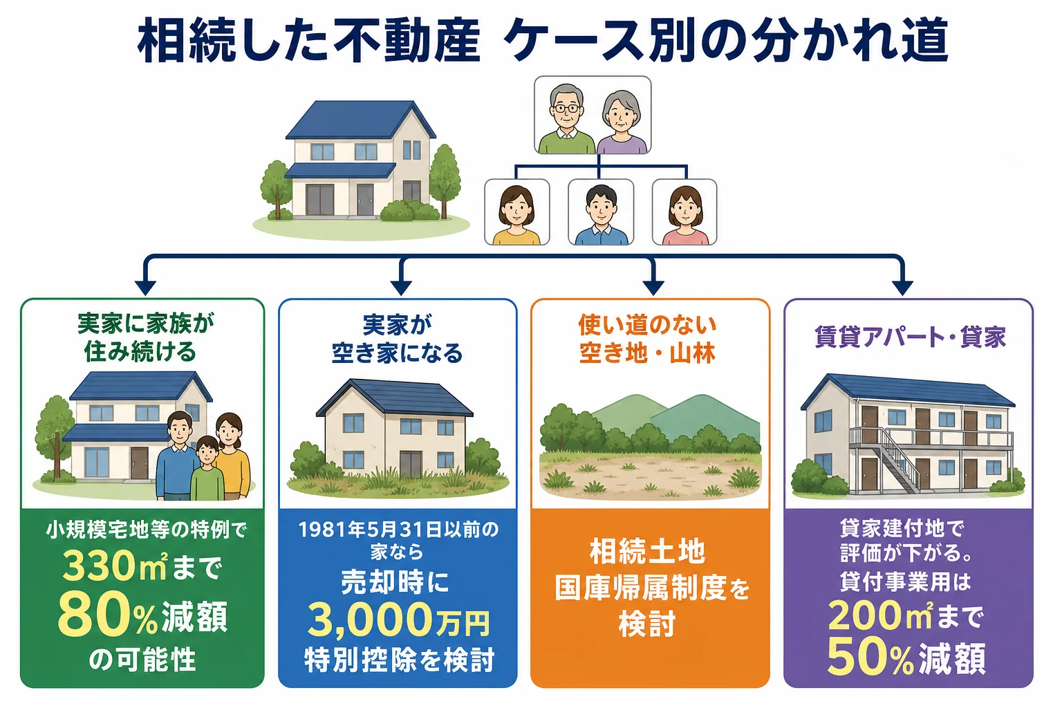 実家に住む・空き家になる・空き地・賃貸物件の4ケースで、相続後にやることと税金のポイントを並べた分岐表