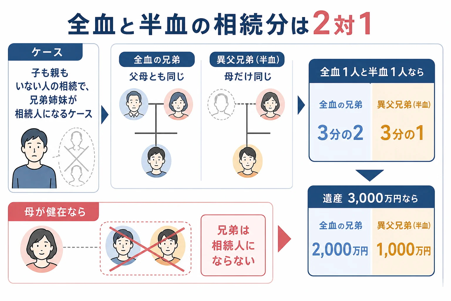 異父兄弟が亡くなったケースの家系図で、全血の兄弟と半血の兄弟の相続分が2対1になる取り分を示したケース図