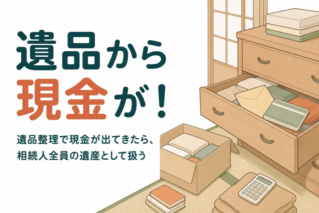 遺品整理で現金や通帳が出てきた時の扱いと相続税の申告を解説する記事のアイキャッチ