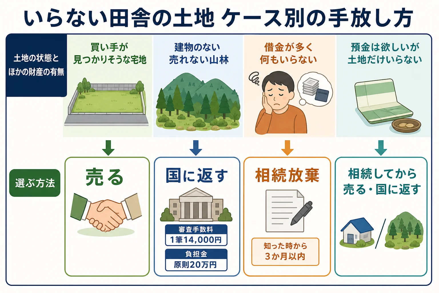 土地の状態とほかの財産の有無で、売る・国に返す・相続放棄のどれが合うかを分けたケース別の分岐表