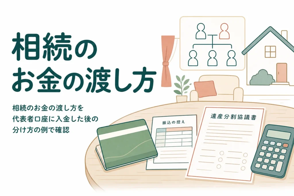 相続のお金の渡し方を、代表者口座に入金した後の分け方の例で確認する記事のアイキャッチ