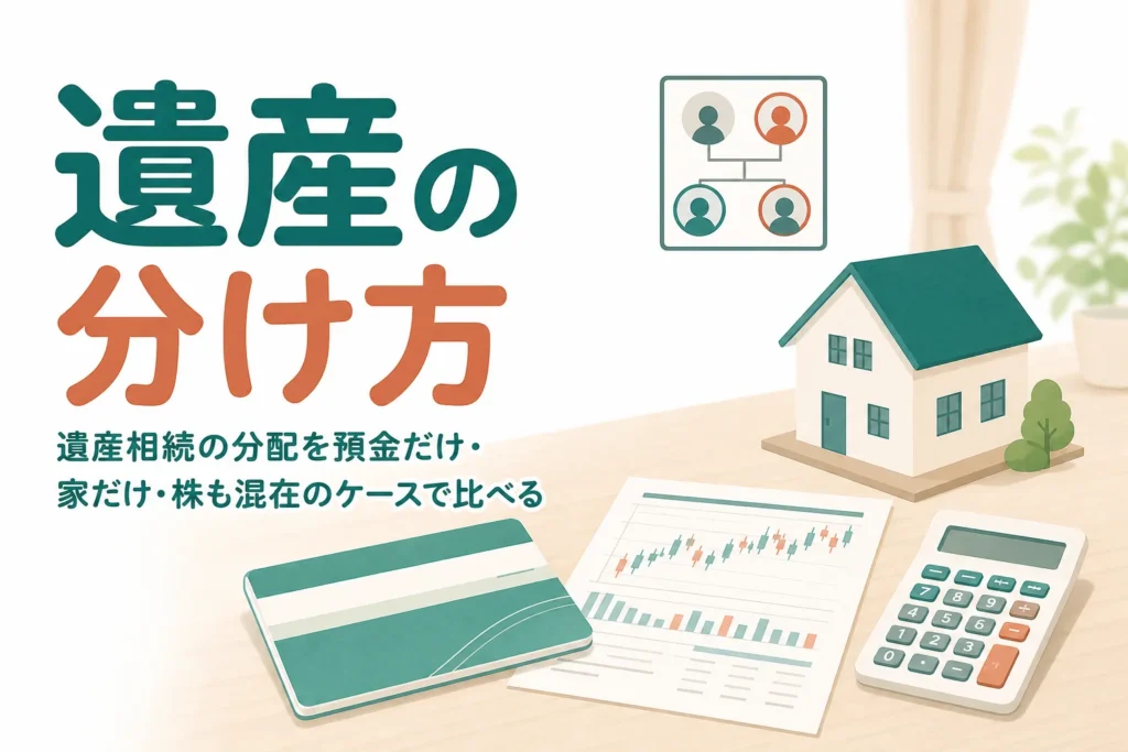 預金だけ・家だけ・株も混在のケースで遺産相続の分配のしかたを比べる記事のアイキャッチ