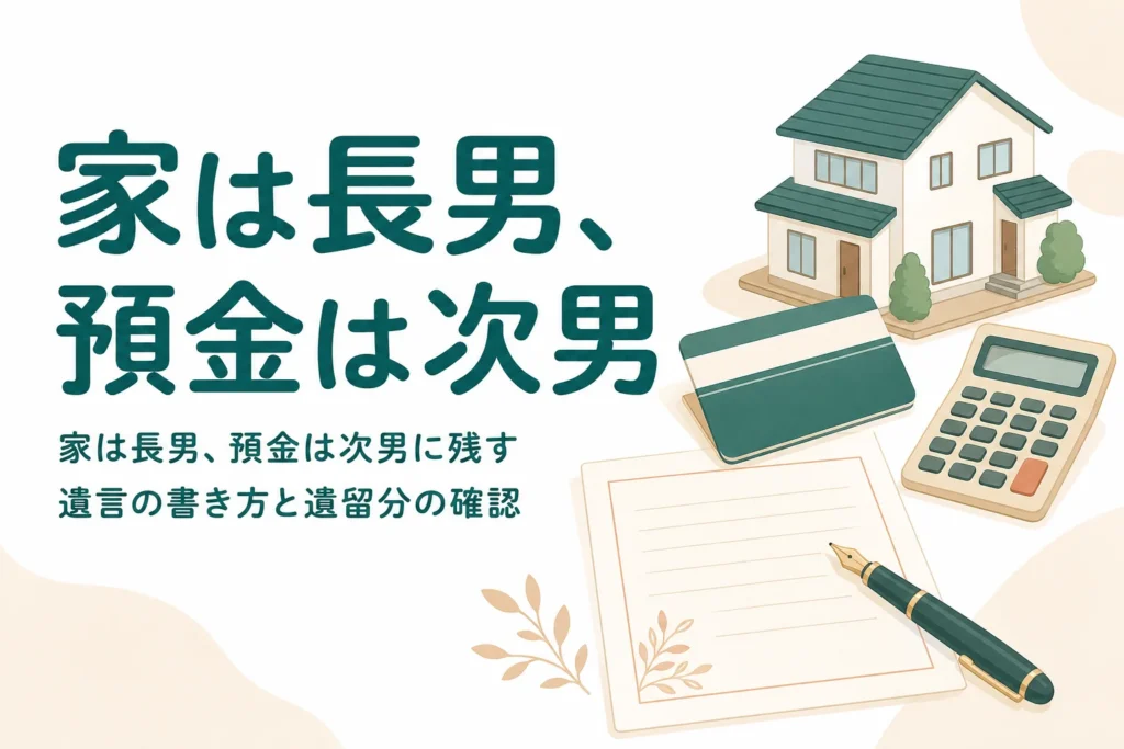 家は長男、預金は次男に残す遺言の書き方と遺留分の確認方法を解説する記事のアイキャッチ