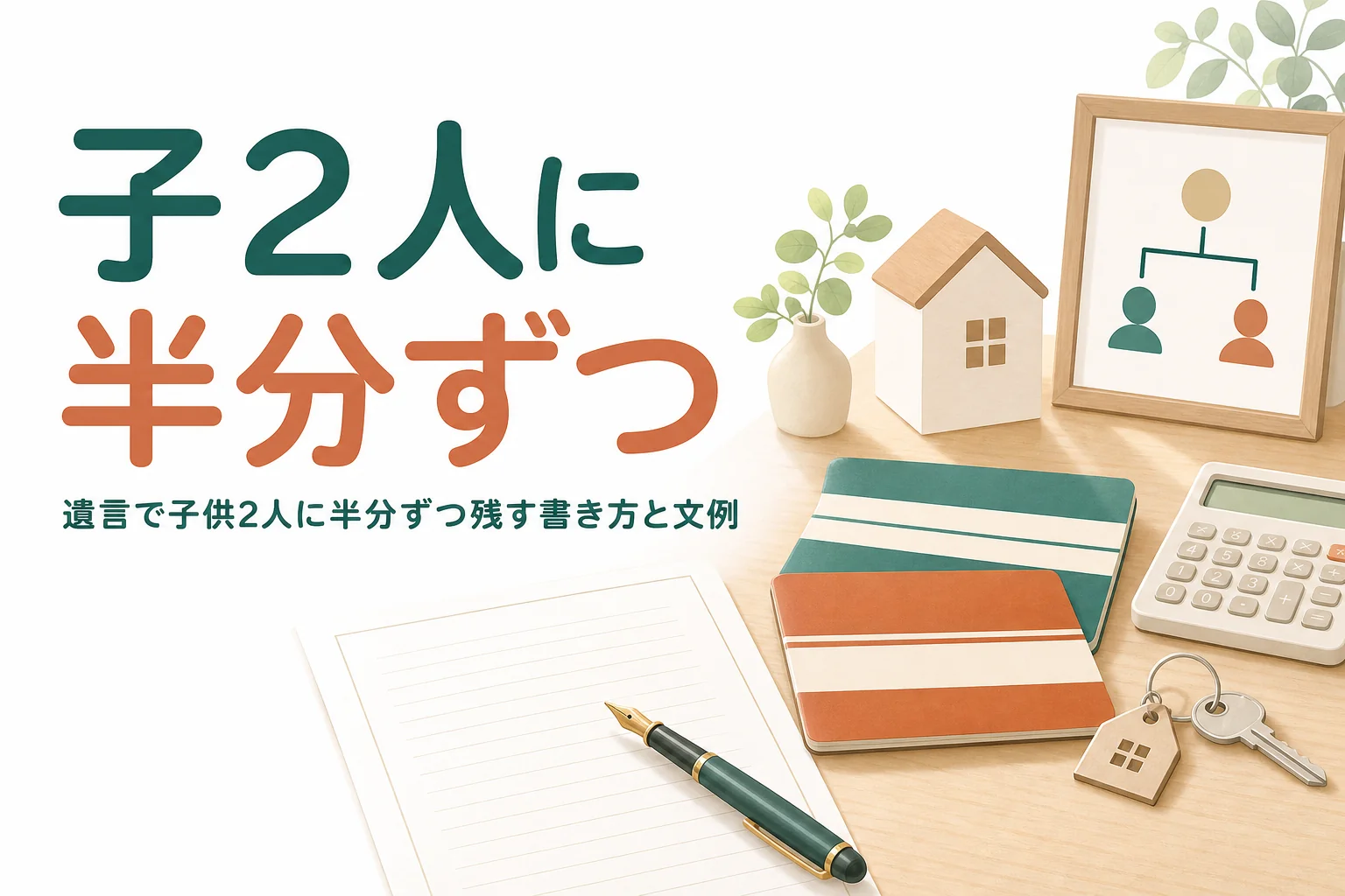 子ども2人に半分ずつ財産を残す遺言の書き方と文例を紹介する記事のアイキャッチ