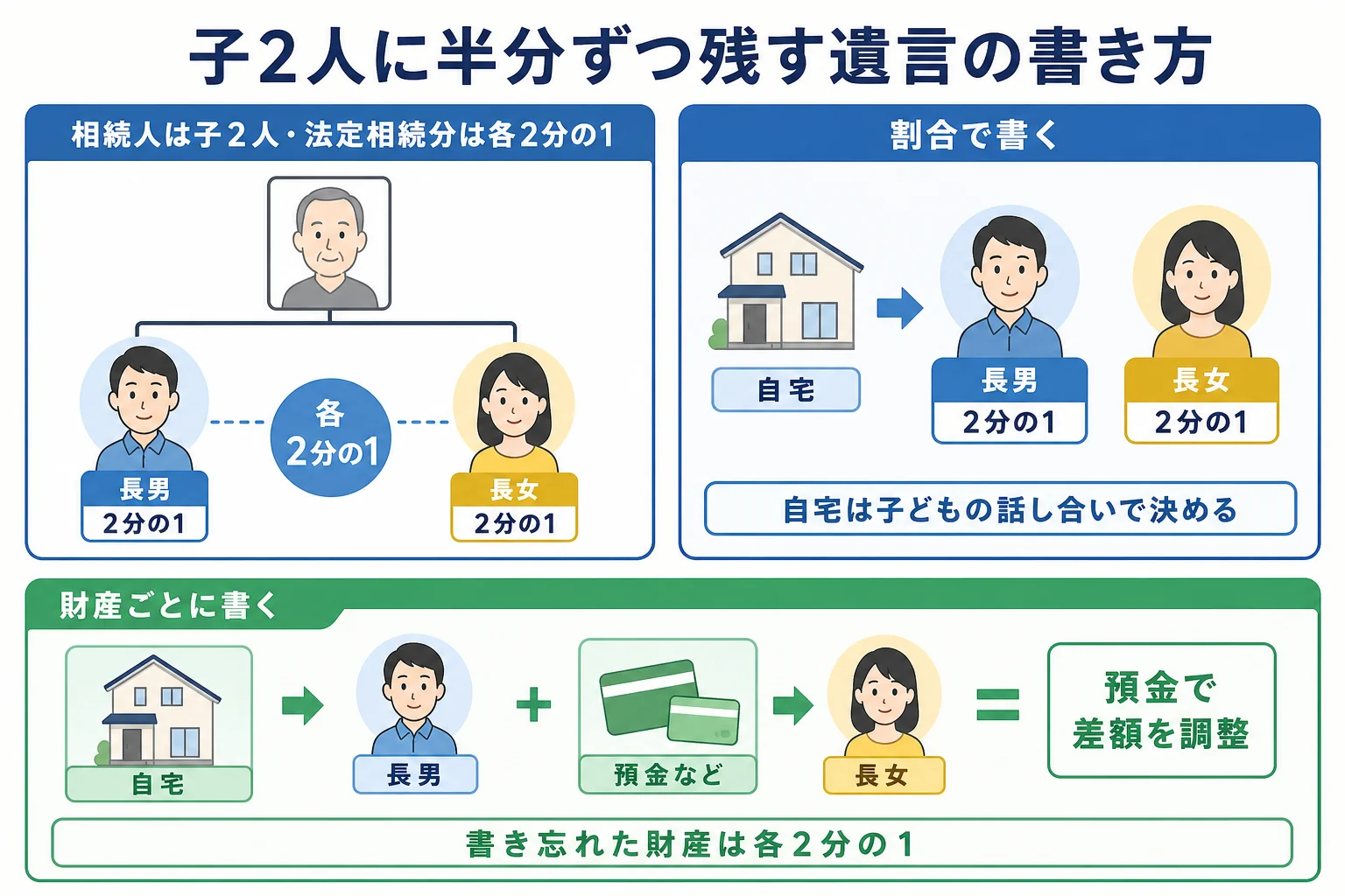 子2人が半分ずつ相続する家系図と、割合で書く場合と財産ごとに書く場合の違いを並べたケース図