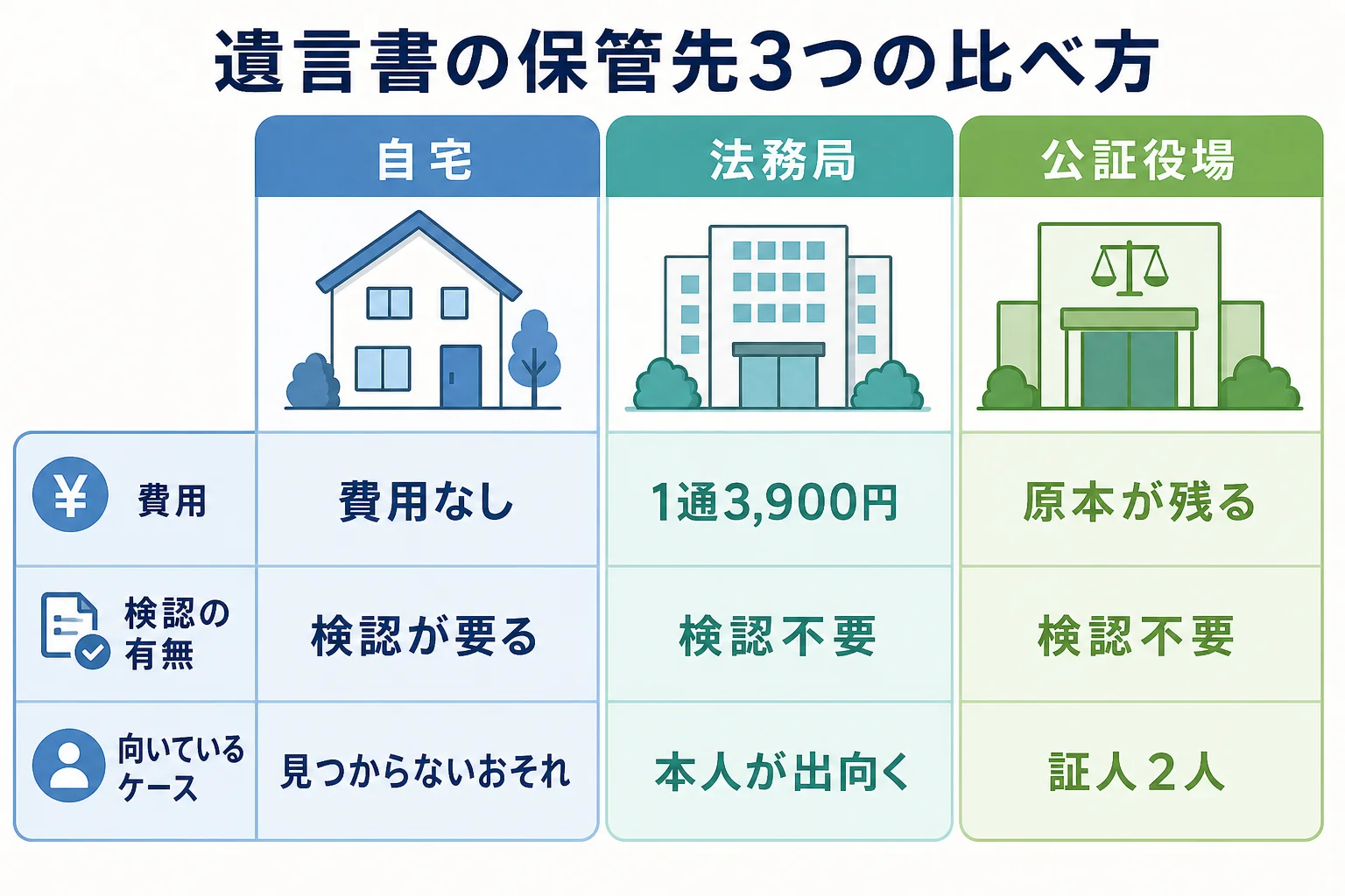 自宅・法務局・公証役場の3つの保管先で、費用と検認の有無、向いている家族のケースを比べた分岐表