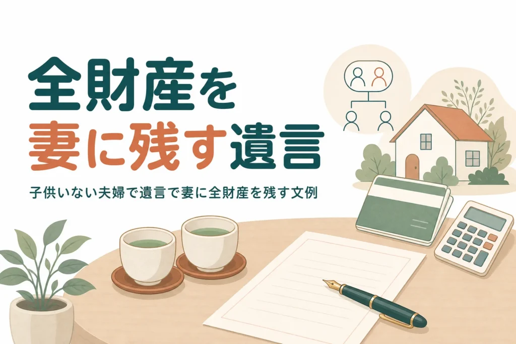 子どもがいない夫が妻に全財産を残す遺言の文例を紹介する記事のアイキャッチ