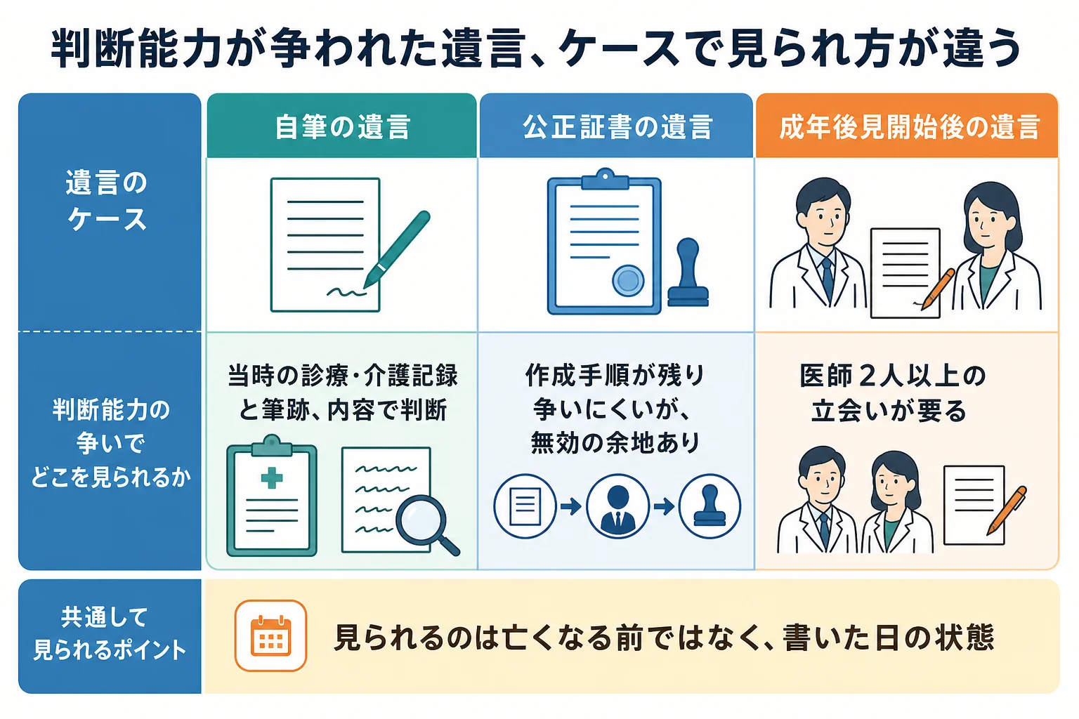 自筆の遺言、公正証書の遺言、成年後見後の遺言の3ケースで、判断能力の争いでの見られ方を分けた分岐表