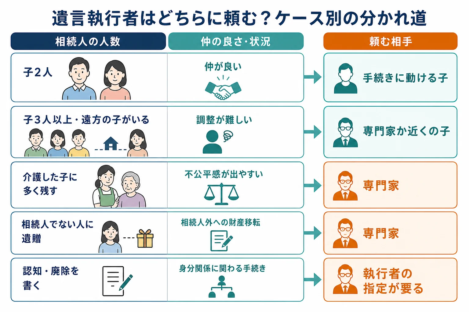 家族に頼むケースと専門家に頼むケースを、相続人の人数と仲の良さで分けたケース別の分岐表