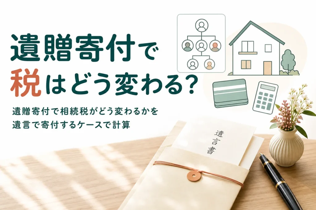 遺言で財産を寄付した時に家族の相続税がどう変わるかを計算する記事のアイキャッチ