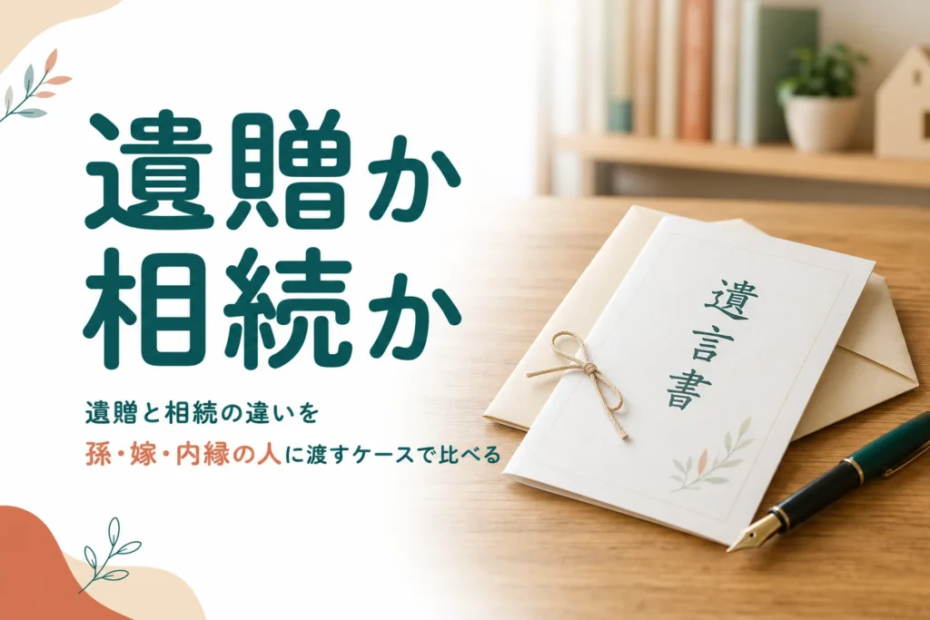 孫・長男の妻・内縁の人に遺言で渡すケースで、遺贈と相続の違いを比べる記事のアイキャッチ