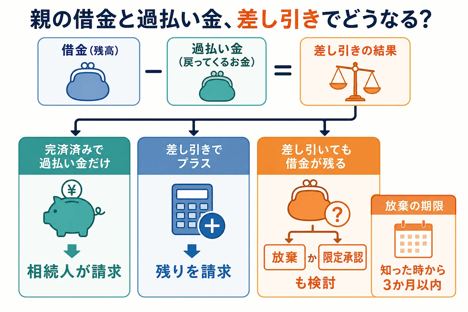 亡くなった親の借金と過払い金を差し引きした結果で、請求・放棄・限定承認に分かれるケース別の分岐表