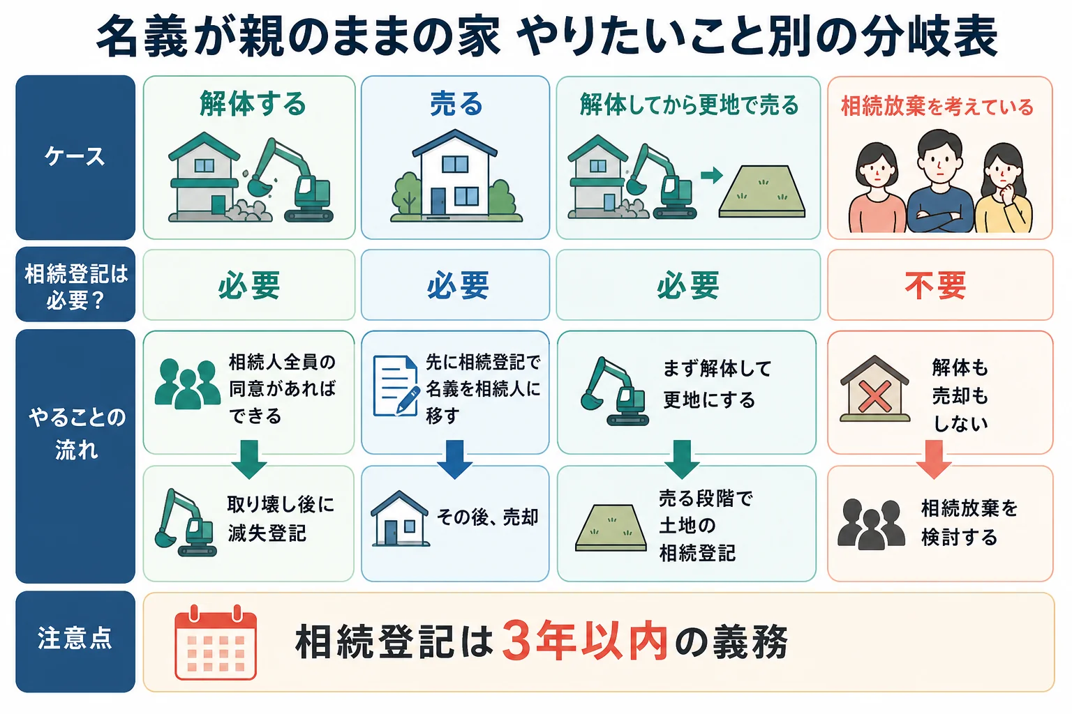 名義が親のままの家で、解体・売却・相続放棄のどれを選ぶかによって必要な手続きが分かれる様子を示したケース別の分岐表